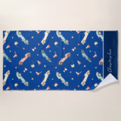 Little Boy Racing Car Waterverf Pattern on Blue Strandlaken (Voorkant)