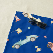 Little Boy Racing Car Waterverf Pattern on Blue Strandlaken (In situ)