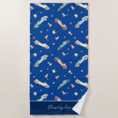 Little Boy Racing Car Waterverf Pattern on Blue Strandlaken (Voorkant)