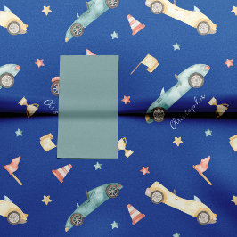 Little Boy Racing Car Waterverf Pattern on Blue Tissuepapier