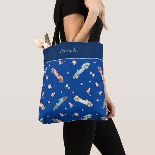 Little Boy Racing Car Waterverf Pattern on Blue Tote Bag (Dichtbij)