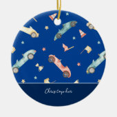 Little Boy Racing Waterverf Blue Kerstmis Keramisch Ornament (Voorkant)