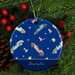 Little Boy Racing Waterverf Blue Kerstmis Keramisch Ornament