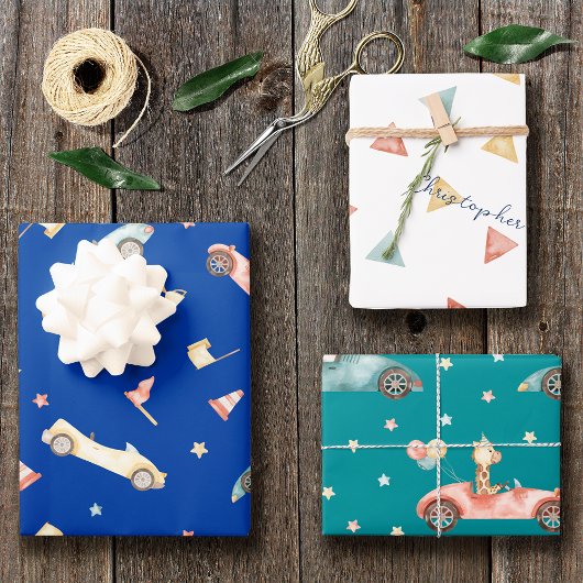 Little Boy Racing Waterverf Pattern Birthday Inpakpapier Vel