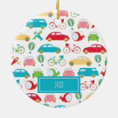 Little Boy Vehicle Pattern met First Name Kerstman Keramisch Ornament (Achterkant)