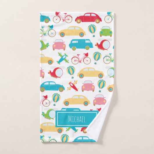 Little Boy Vehicle Pattern met voornaam Bad Handdoek (Handdoek)
