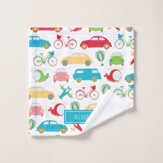 Little Boy Vehicle Pattern met voornaam Bad Handdoek (Wasdoekje)
