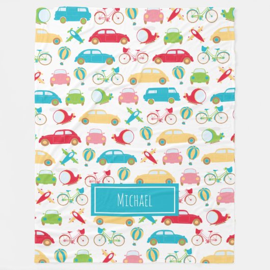 Little Boy Vehicle Pattern met voornaam Fleece Deken (Voorkant)