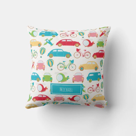 Little Boy Vehicle Pattern met voornaam Kussen (Achterkant)