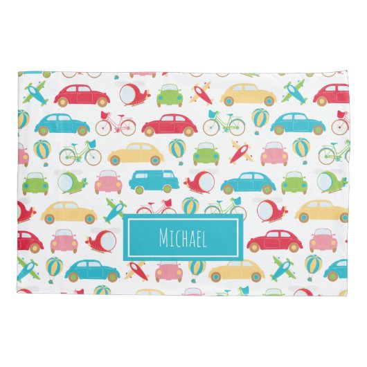 Little Boy Vehicle Pattern met voornaam Kussensloop (Achterkant)