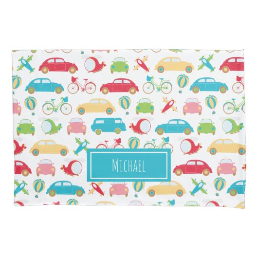 Little Boy Vehicle Pattern met voornaam Kussensloop (Voorkant)