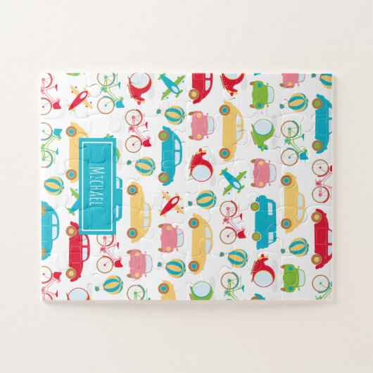 Little Boy Vehicle Pattern met voornaam Legpuzzel (Horizontaal)