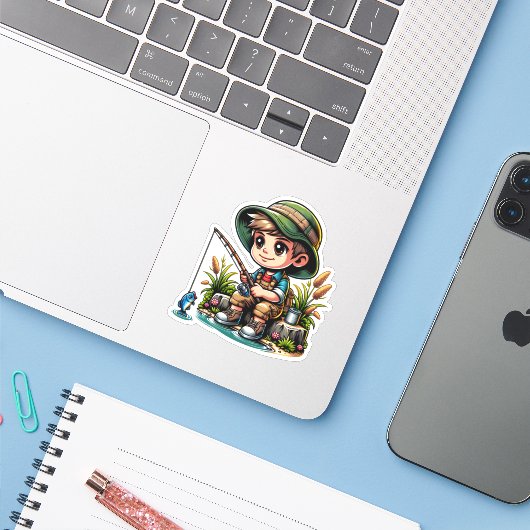 Little Boy Vist Cartoon Sticker (Laptop met iPhone)
