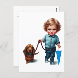 Little Boy Walking zijn Dachshund Briefkaart Art
