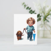 Little Boy Walking zijn Dachshund Briefkaart Art (Staand voorkant)