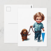 Little Boy Walking zijn Dachshund Briefkaart Art (Voorkant / Achterkant)