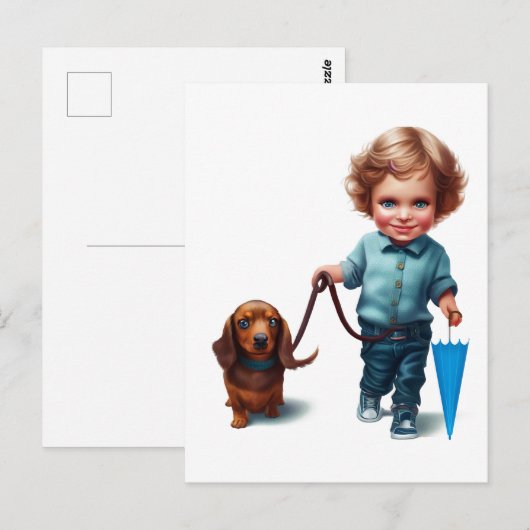 Little Boy Walking zijn Dachshund Briefkaart Art (Voorkant / Achterkant)