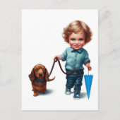 Little Boy Walking zijn Dachshund Briefkaart Art (Voorkant)