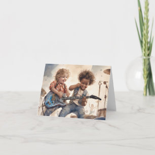 Little Boys Gitaar Waterverf Illustratie Blank Kaart