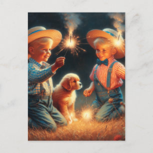 Little Boys Spelen Met Vuurwerk Vierde van Juli Briefkaart