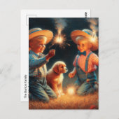Little Boys Spelen Met Vuurwerk Vierde van Juli Briefkaart (Voorkant / Achterkant)