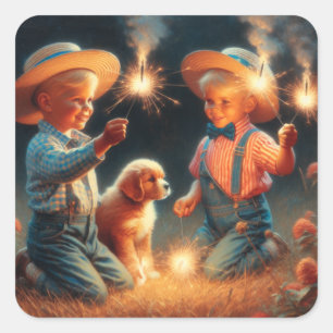 Little Boys Spelen Met Vuurwerk Vierde van Juli Vierkante Sticker
