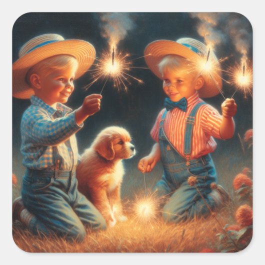Little Boys Spelen Met Vuurwerk Vierde van Juli Vierkante Sticker (Voorkant)