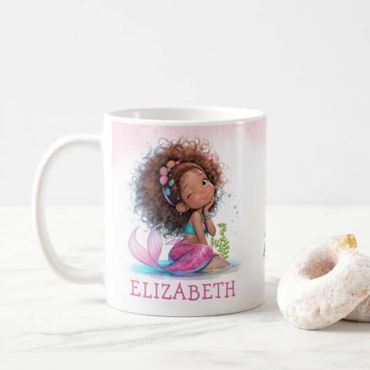 Little Brown Mermaid Waterverf Coffee Mok (Met donut)