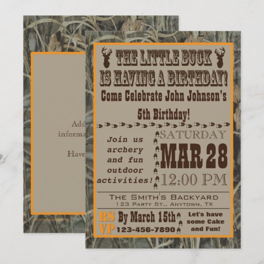 Little Buck Hunting Birthday Invitation with Camo Kaart (Voorkant / Achterkant)