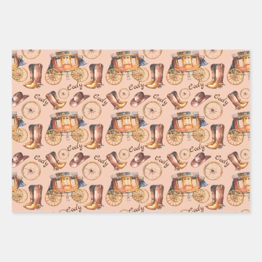 Little Buckaroo Cowboy Jongensnaam Verjaardag 3 Inpakpapier Vel (Voorkant 2)