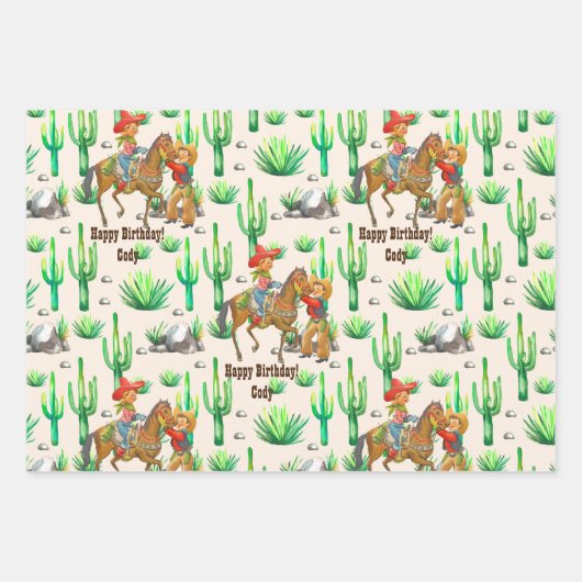 Little Buckaroo Cowboy Jongensnaam Verjaardag 3 Inpakpapier Vel (Voorkant)