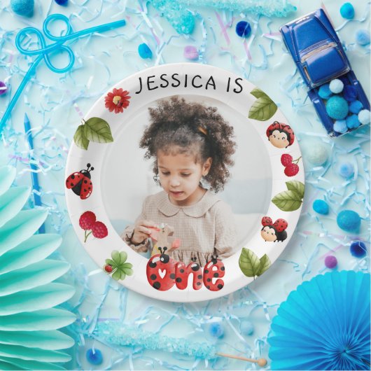 Little Bug Pink Ladybug 1st Birthday Foto Papieren Bordje (Feest)