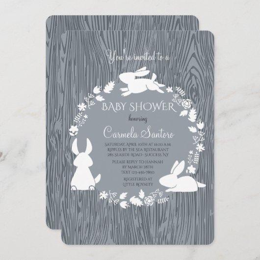 Little Bunnies Grey Uitnodiging (Voorkant / Achterkant)