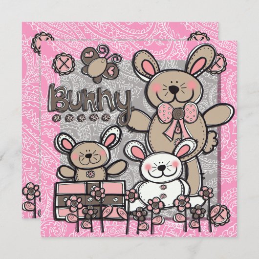 Little Bunnies verjaardagsuitnodiging Kaart (Voorkant / Achterkant)