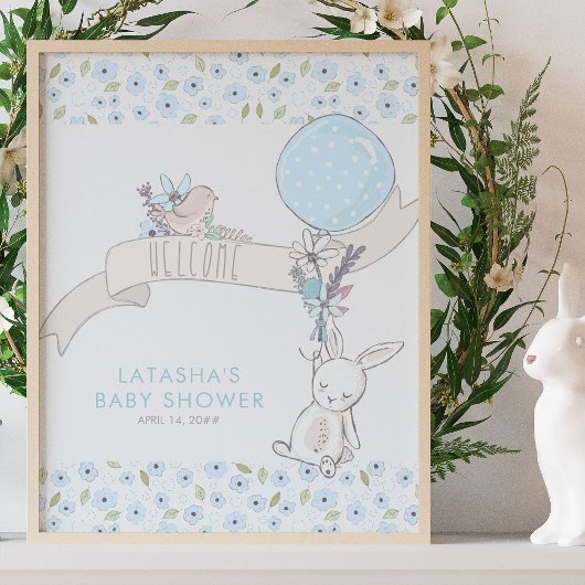 Little Bunny and Balloon Boy Baby shower Welcome Poster