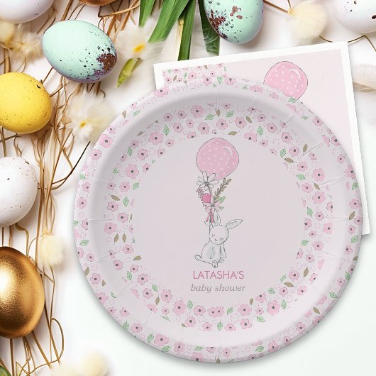 Little Bunny and Balloon Pink Girl Baby shower Papieren Bordje