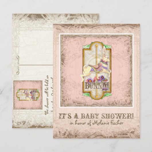 Little Bunny Baby Meisje Circus Carrousel  Kunst Uitnodiging Briefkaart (Voorkant / Achterkant)