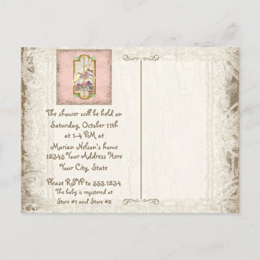 Little Bunny Baby Meisje Circus Carrousel  Kunst Uitnodiging Briefkaart (Achterkant)