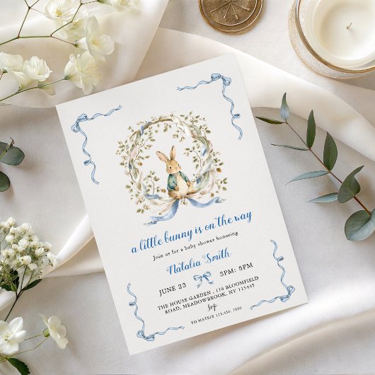 Little Bunny Baby Shower Invite | Blue Bow Rabbit Kaart