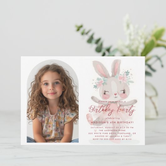Little Bunny Ballerina Custom Foto Roze Verjaardag Kaart (Staand voorkant)
