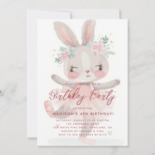 Little Bunny Ballerina Roze Verjaardagsfeestje Kaart (Voorkant)