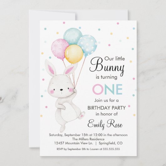 Little Bunny Balloons Birthday Invitation Kaart (Voorkant)