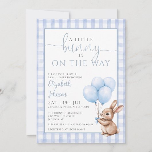 Little Bunny Blue Balloons Boy Baby shower Kaart (Voorkant)