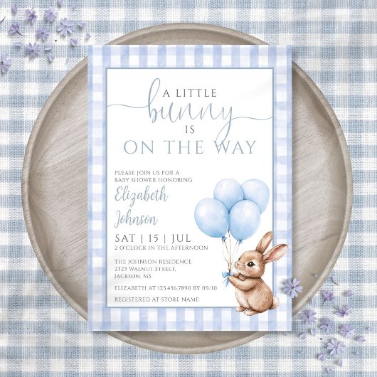 Little Bunny Blue Balloons Boy Baby shower Kaart
