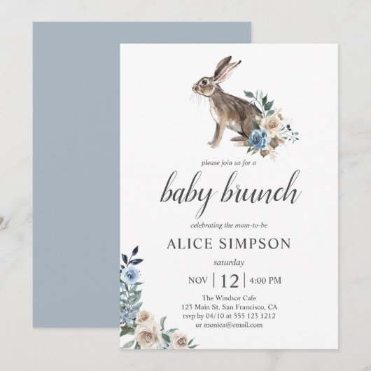 Little Bunny Boho Dust Blue Flowers Baby shower Kaart (Voorkant / Achterkant)