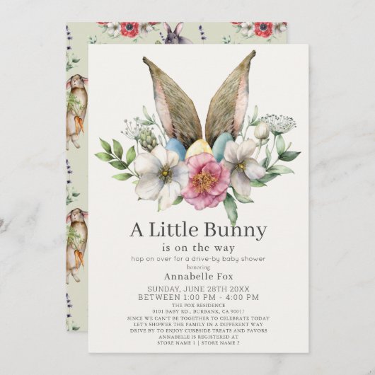 Little Bunny Ear Floral Green Drive-by Baby shower Kaart (Voorkant / Achterkant)