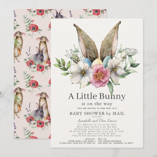 Little Bunny Ear Floral Pink Baby shower by Mail Kaart (Voorkant / Achterkant)