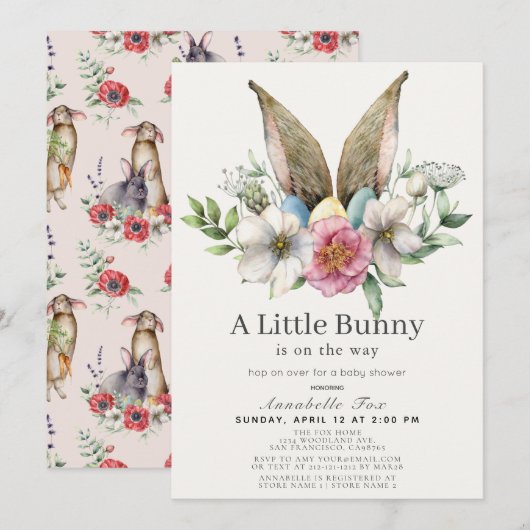 Little Bunny Ear Floral Pink Baby shower Kaart (Voorkant / Achterkant)