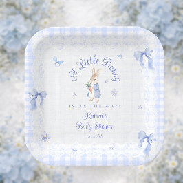 Little Bunny Gingham Blue Baby Shower Papieren Bordje