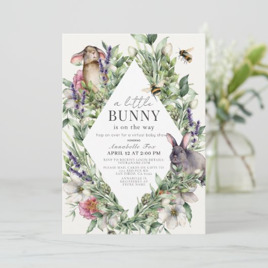 Little Bunny Greenery Rhombus Virtual Baby shower Kaart (Staand voorkant)